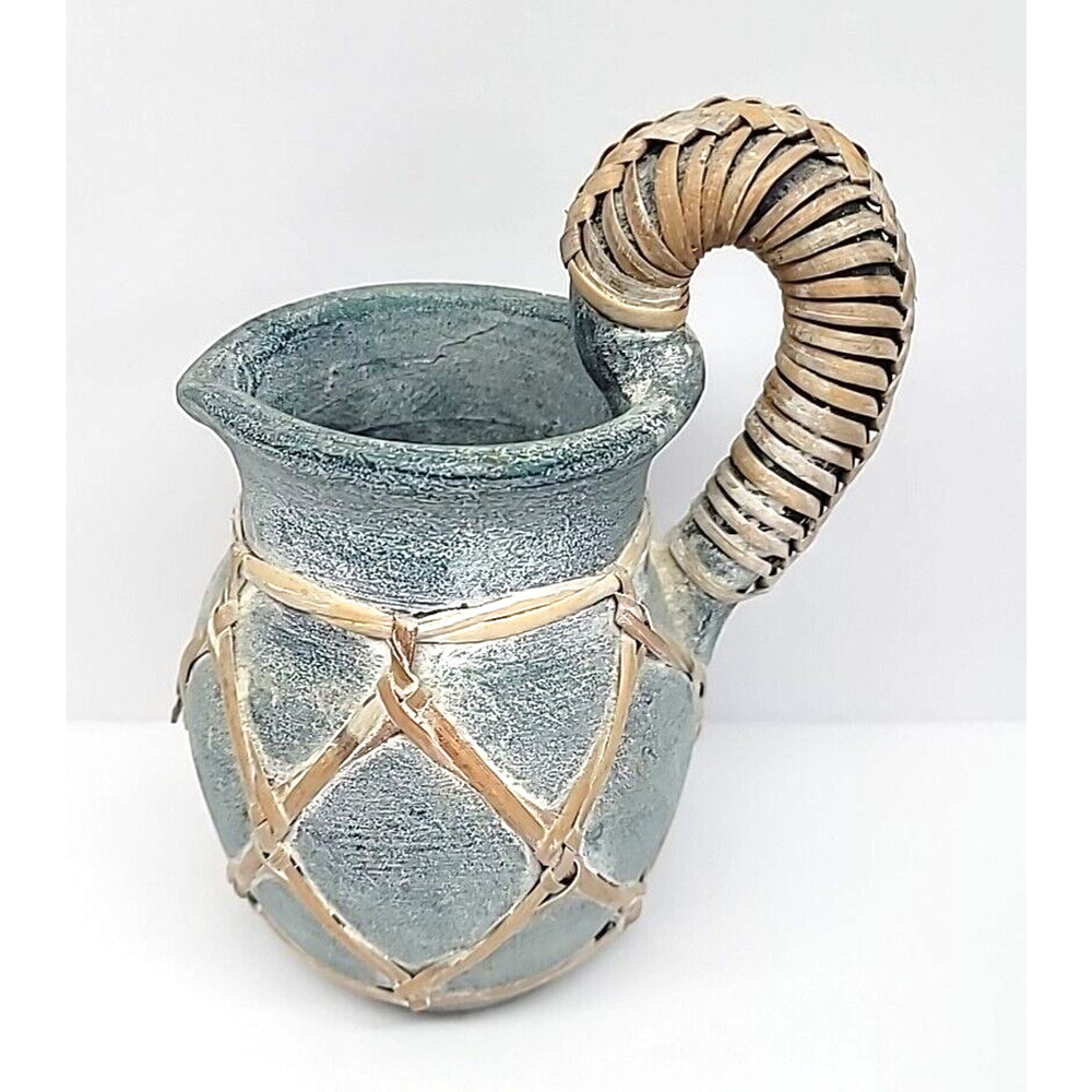 Vintage Coastal Rattan Wrapped Blue Terra Cotta Pitcher 8.25"H